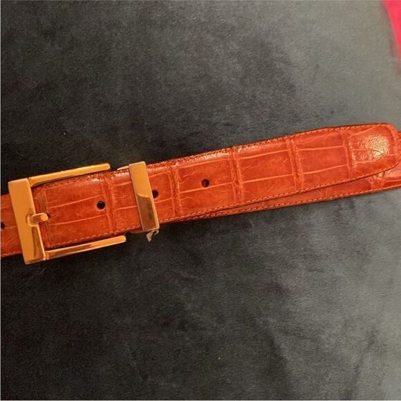 David Eden Brown Crocodile skin Belt with Gold Buckle, L 42 inch
